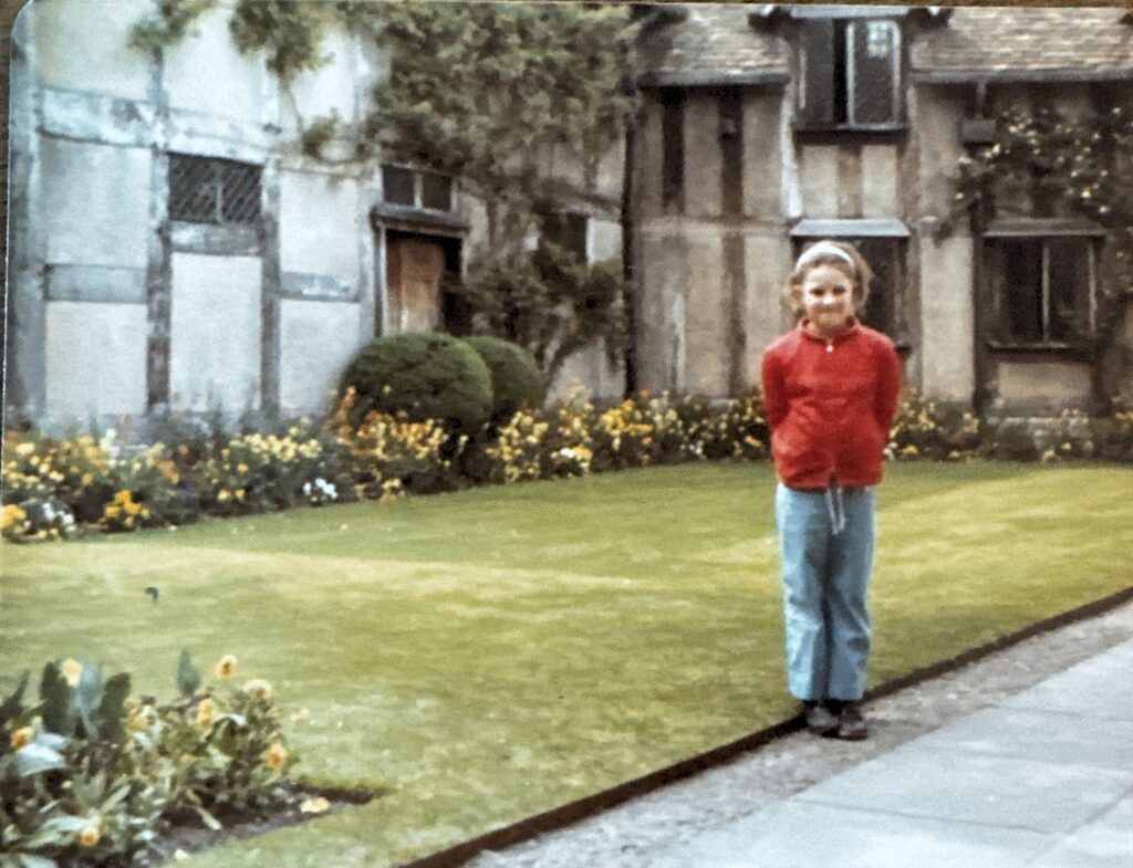 Vintage picture of young Jenny in front of William Shakespeare's house, Stratford-Upon-Avon, England, 1980