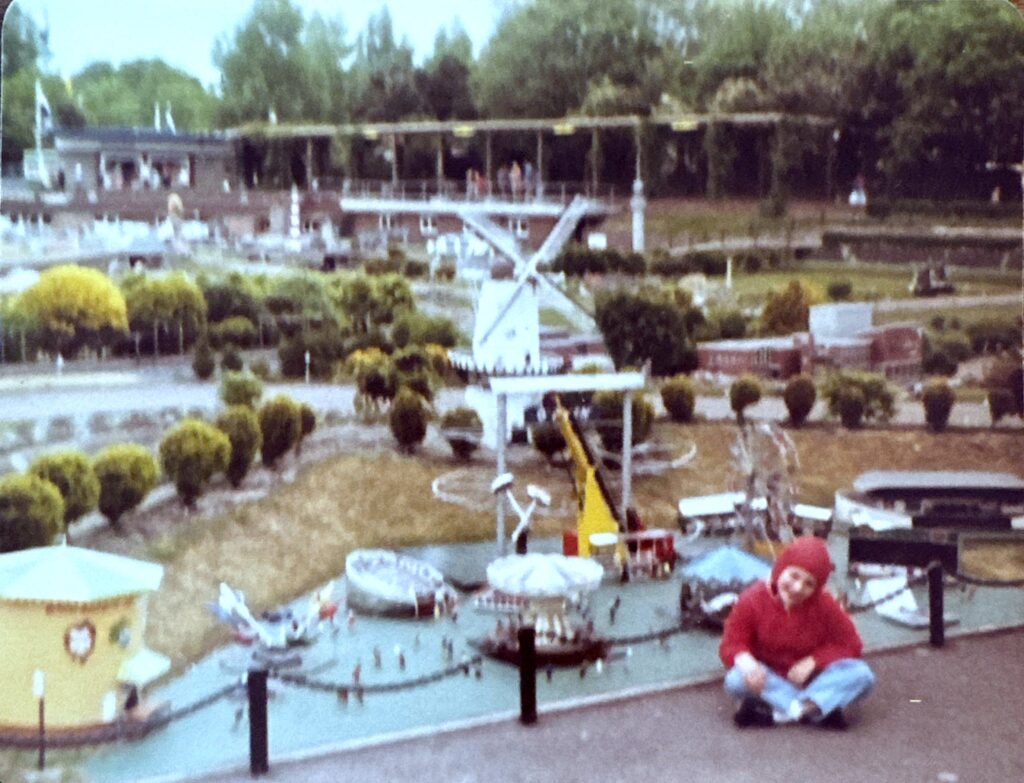 Vintage picture of young Jenny at Madurodam miniature park in The Hague, Netherlands, 1980